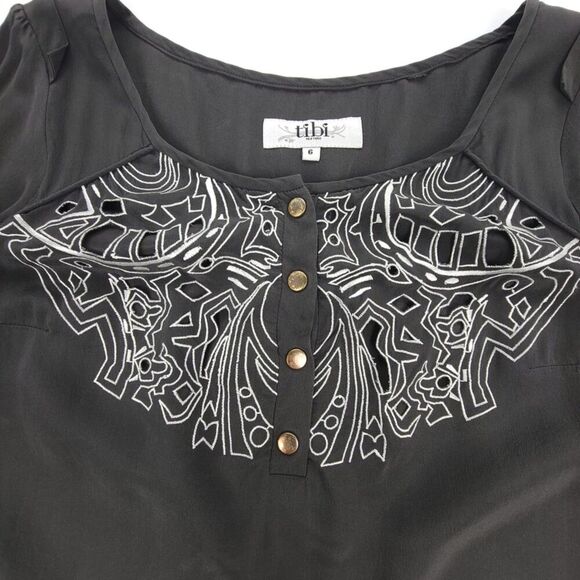 TIBI 100% Silk Boho Embroidered Top Balloon Sleeve Blouse Minimal Boho Gray 6 - Picture 3 of 7